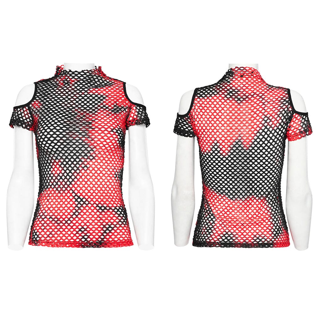 Punk Tie-dyed Cutout Mesh Top Black-Red