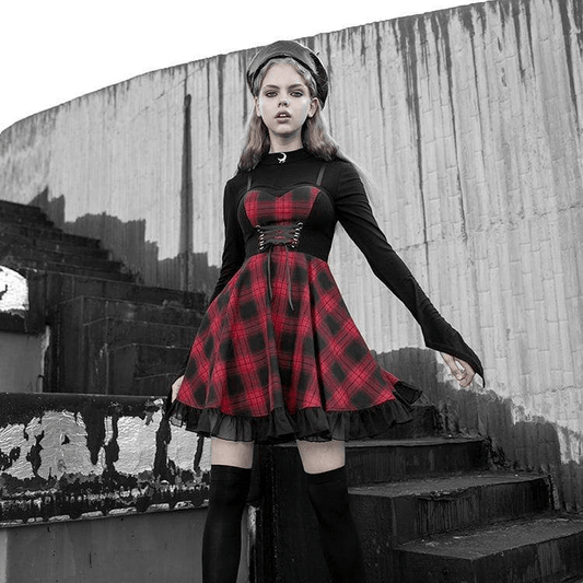 Tight Waisted Lace Red Plaid Slip Dresses