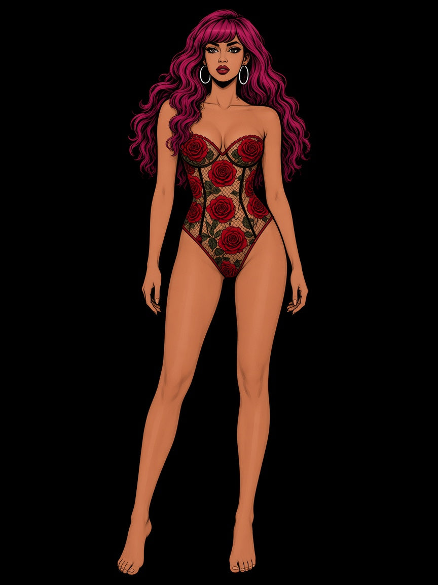 gothicroseprintedmeshlaceupoverbustcorset