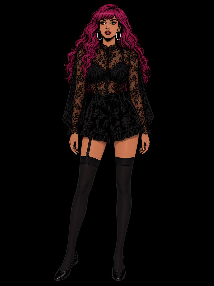 Punk Ruffled Jacquard Velvet Shorts with Garter